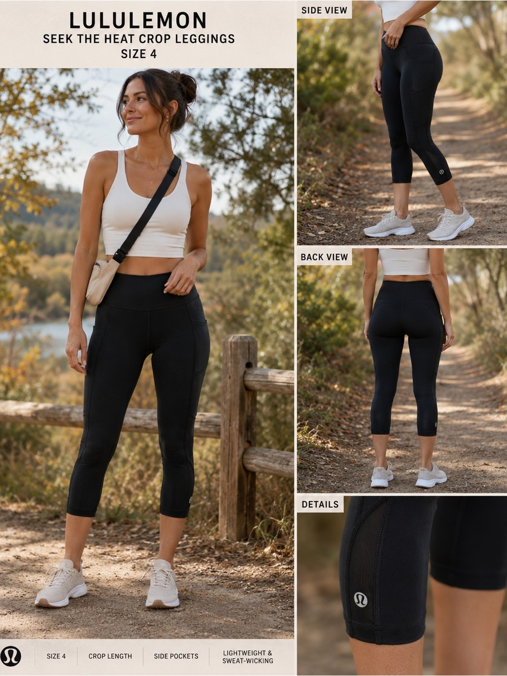 Lululemon Seek the Heat Crop Leggings Black Ribbed w/ Mesh inserts SZ 4 Pockets